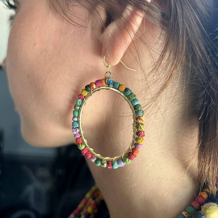 Kantha/Gold Milieu Hoop Earrings