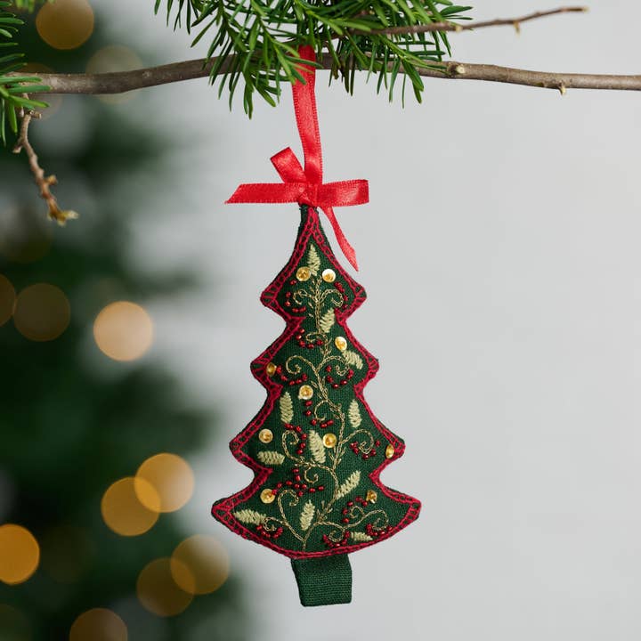 Christmas Tree Embroidered Cotton Ornament (5.5" L)