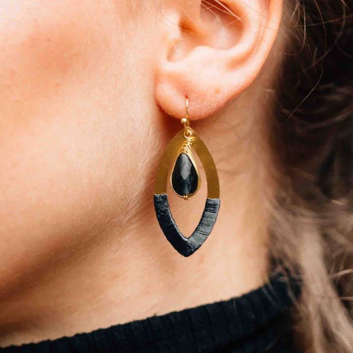 Brass &amp; Blue Oval with Glass Bead Earrings (2&quot; L)