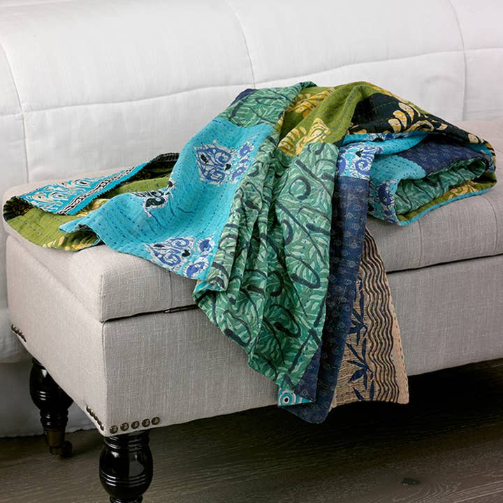 Green/Blue Recycled Sari Throw (56&quot; Square)