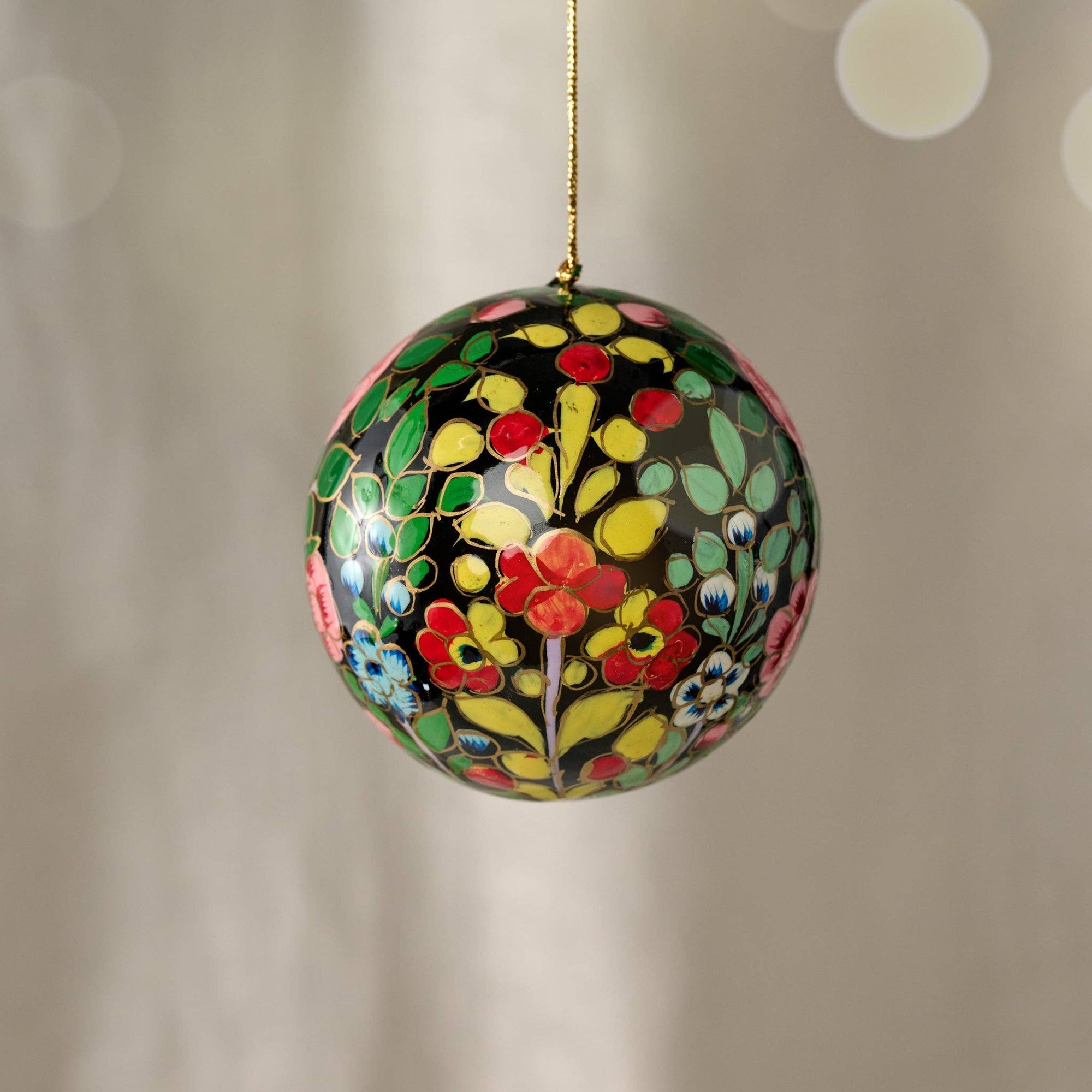 Paper Mache Ball Ornament - Floral on Dark