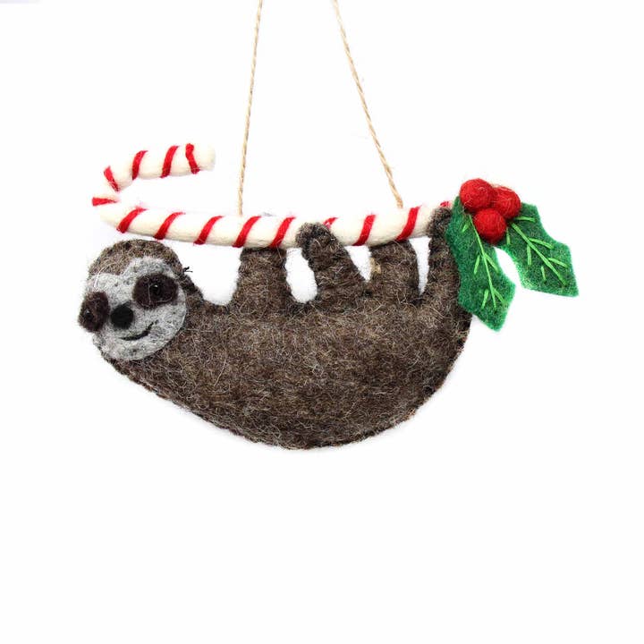 Sloth On Candy Cane Felt Ornament