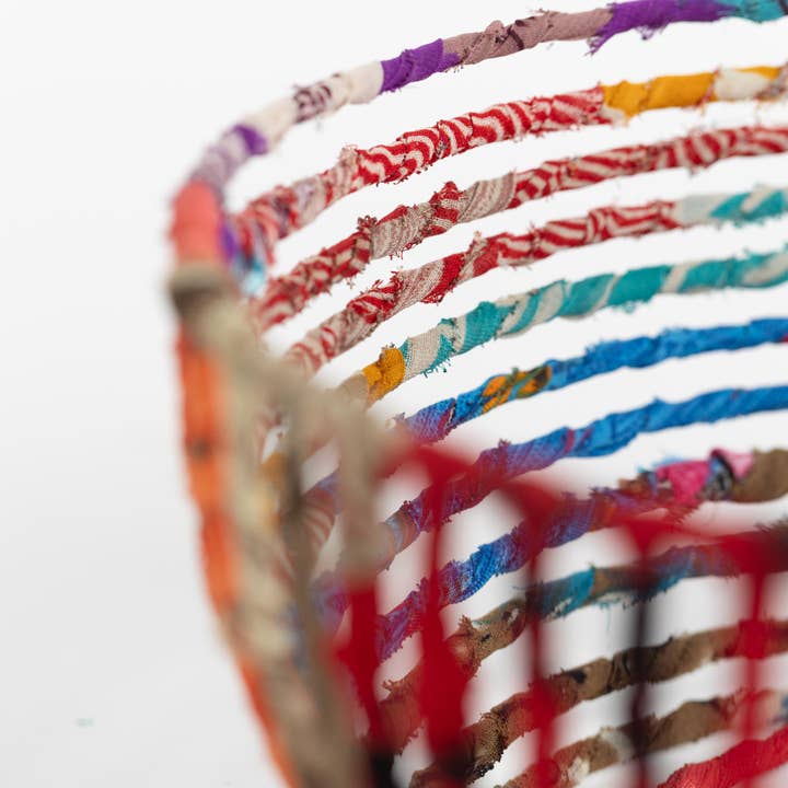 Sari-Wrapped Wire Basket (8&quot; D x 4&quot; H)