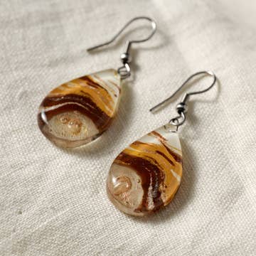 Amber Swirl Teardrop Fused Glass Earrings (1.75" L)
