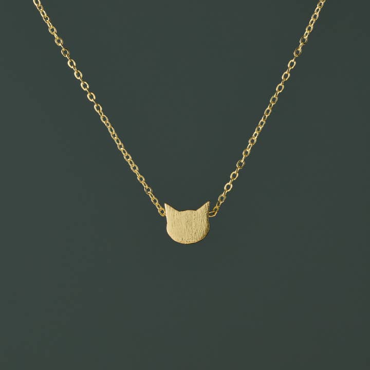 Brass Cat Face Pendant Necklace (16" L)