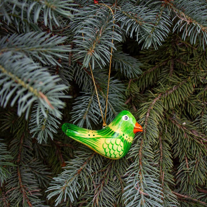 Green Handpainted Papier-Mache Chickadee Ornament