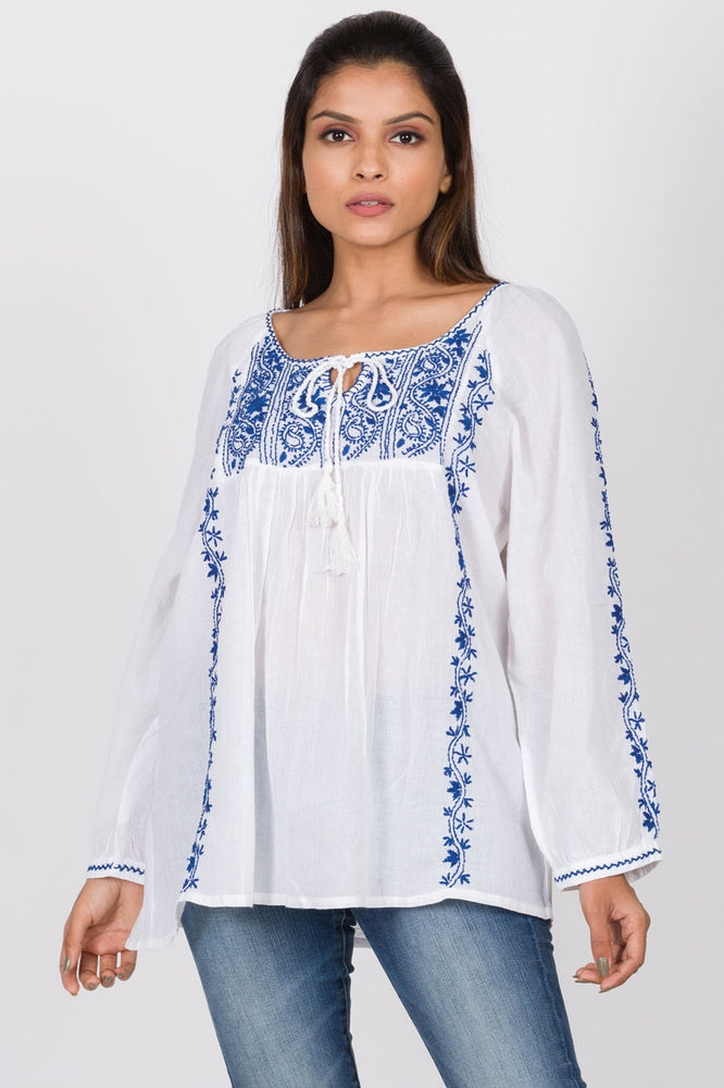 White/Blue Embroidered Cotton Asanga Tunic