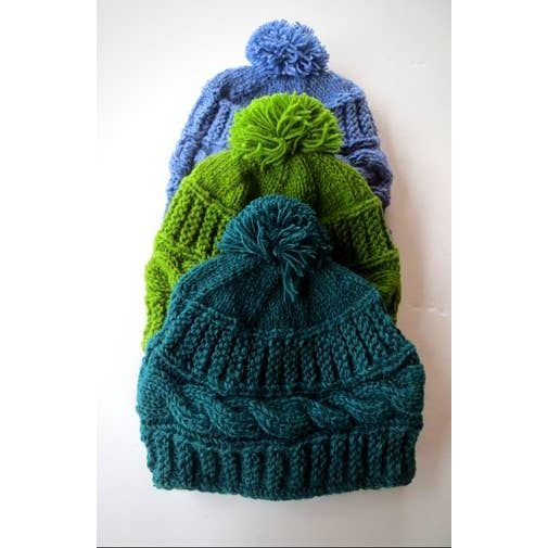 Cable Knit Wool Hat with Pom - Assorted