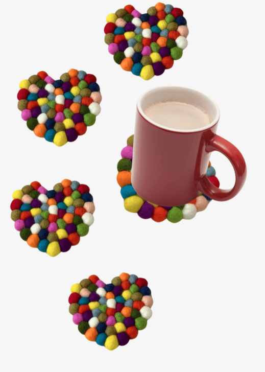 Heart-Shaped Felt Ball Coasters - Set of 4