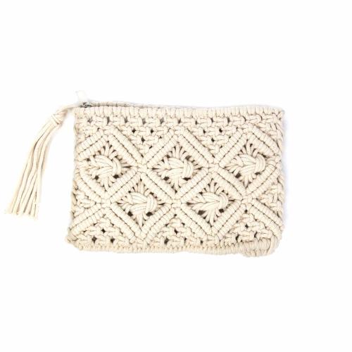 Macrame Clutch with Tassel Cream