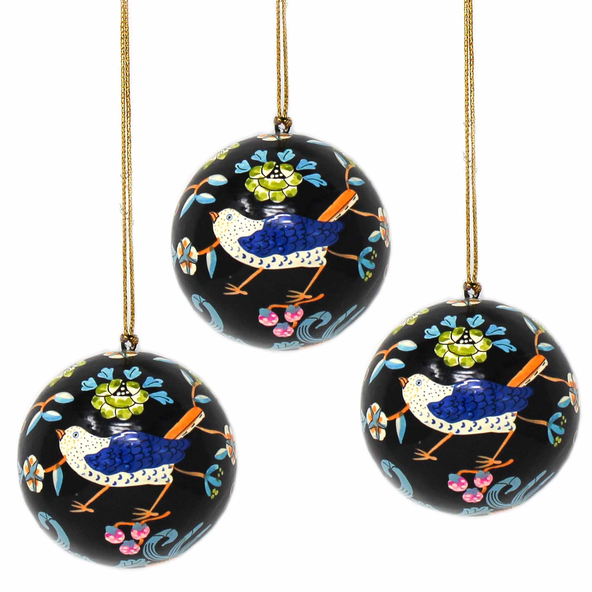 Handpainted Ornament Birds and Flowers, Black - Pack of 3
