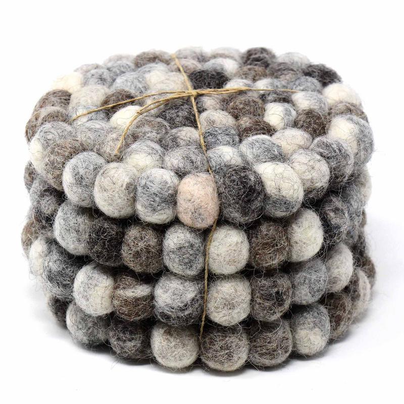 Hand Crafted Felt Ball Coasters from Nepal: 4-pack, Unicolor Grey - Global Groove (T)