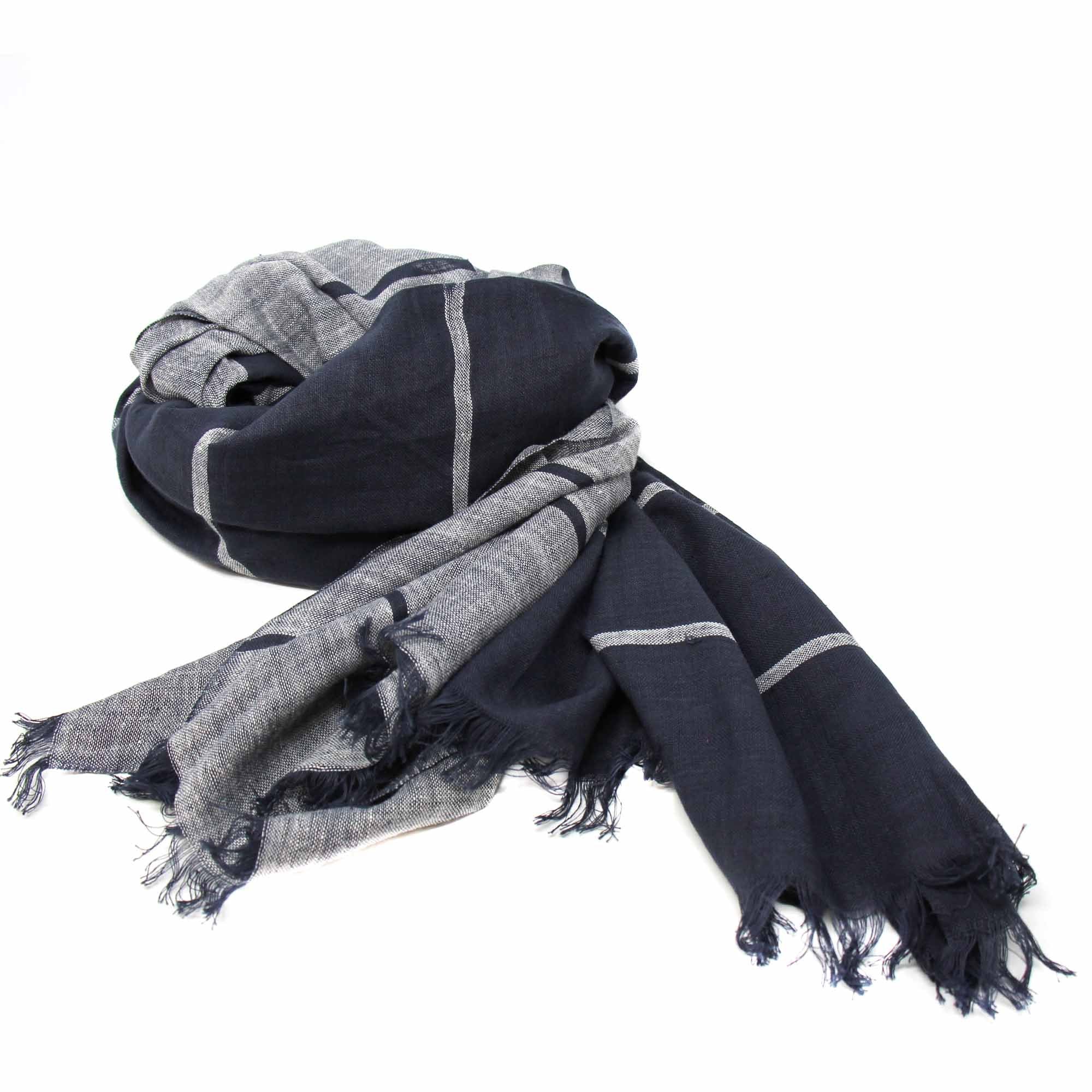 Grey and Black Striped Cotton Scarf with Fringe