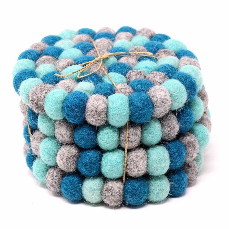 Hand Crafted Felt Ball Coasters from Nepal: 4-pack, Chakra Light Blues - Global Groove (T)