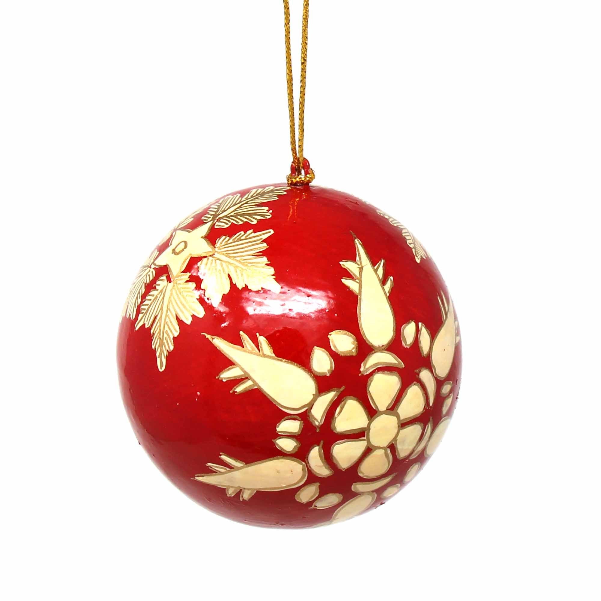 Handpainted Red and Gold Snowflake Papier Mache Hanging Ball Ornament