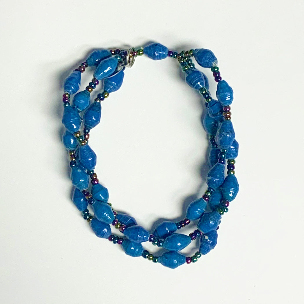 Blue Recycled Paper 3-Strand Bracelet Handmade and Fair Trade