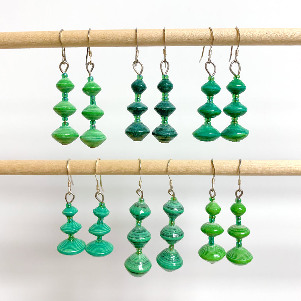 Green Recycled Paper 3-Bead Earrings