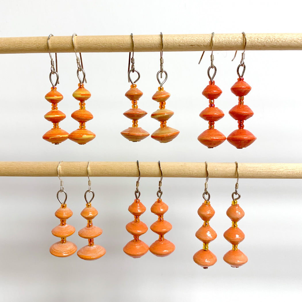 Orange Recycled Paper 3-Bead Earrings