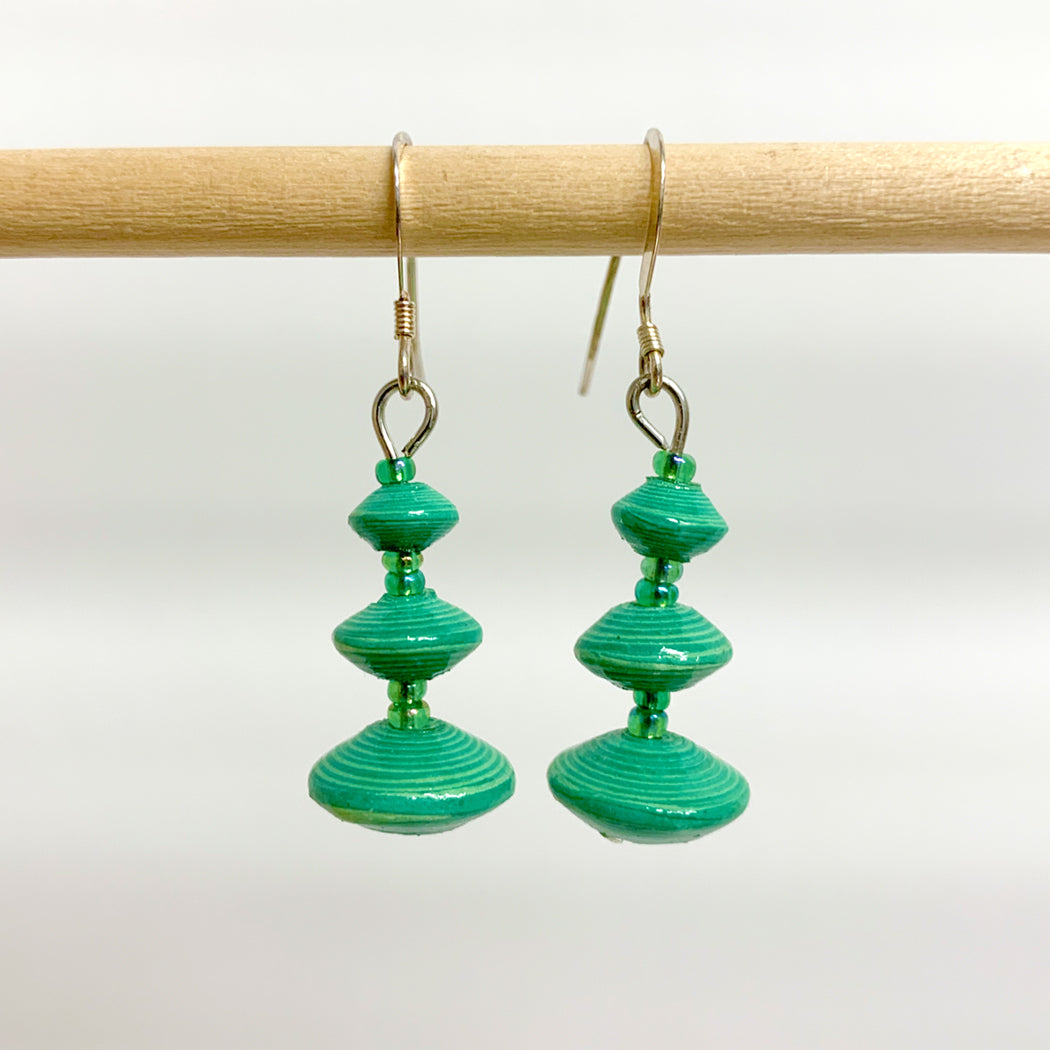 Green Recycled Paper 3-Bead Earrings Handmade and Fair Trade