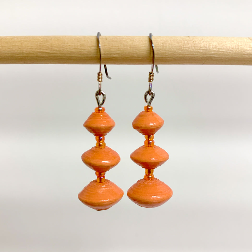Orange Recycled Paper 3-Bead Earrings