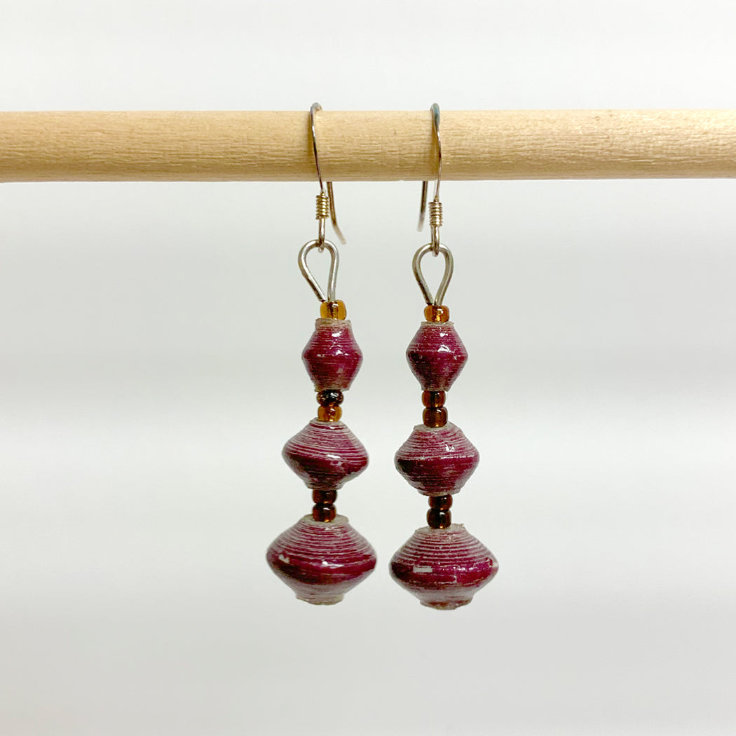 Purple Recycled Paper 3-Bead Earrings
