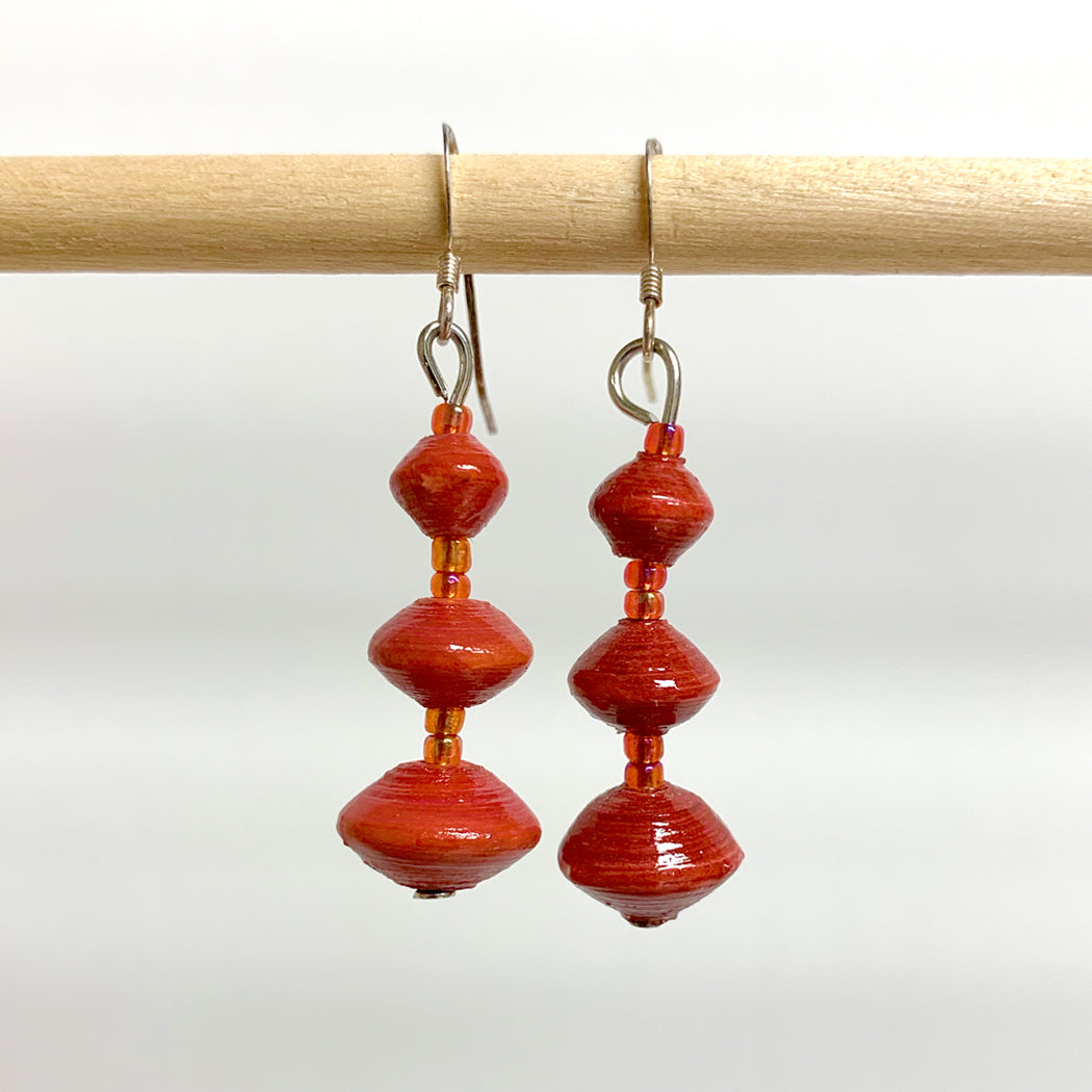 Red Recycled Paper 3-Bead Earrings