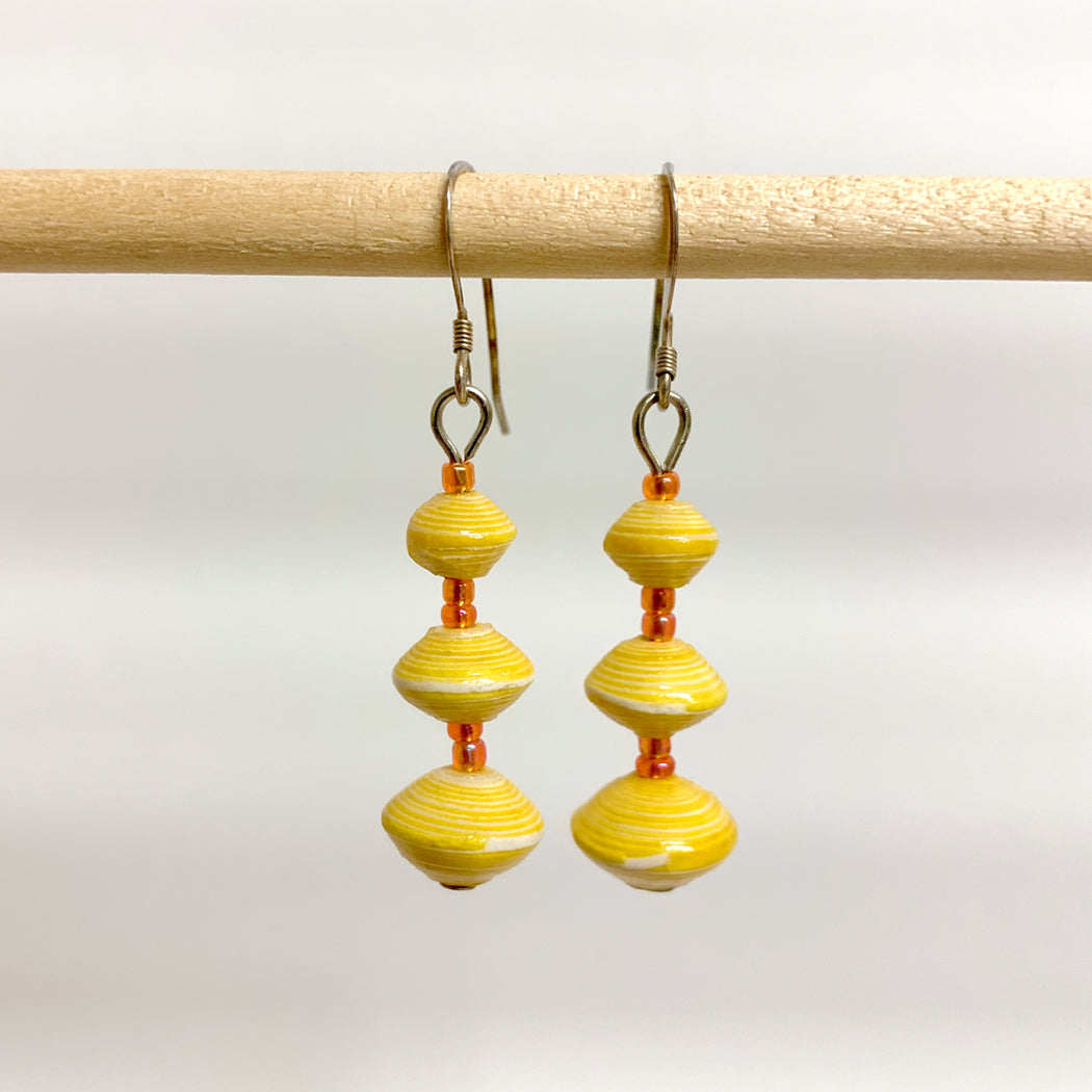 Yellow Recycled Paper 3-Bead Earrings