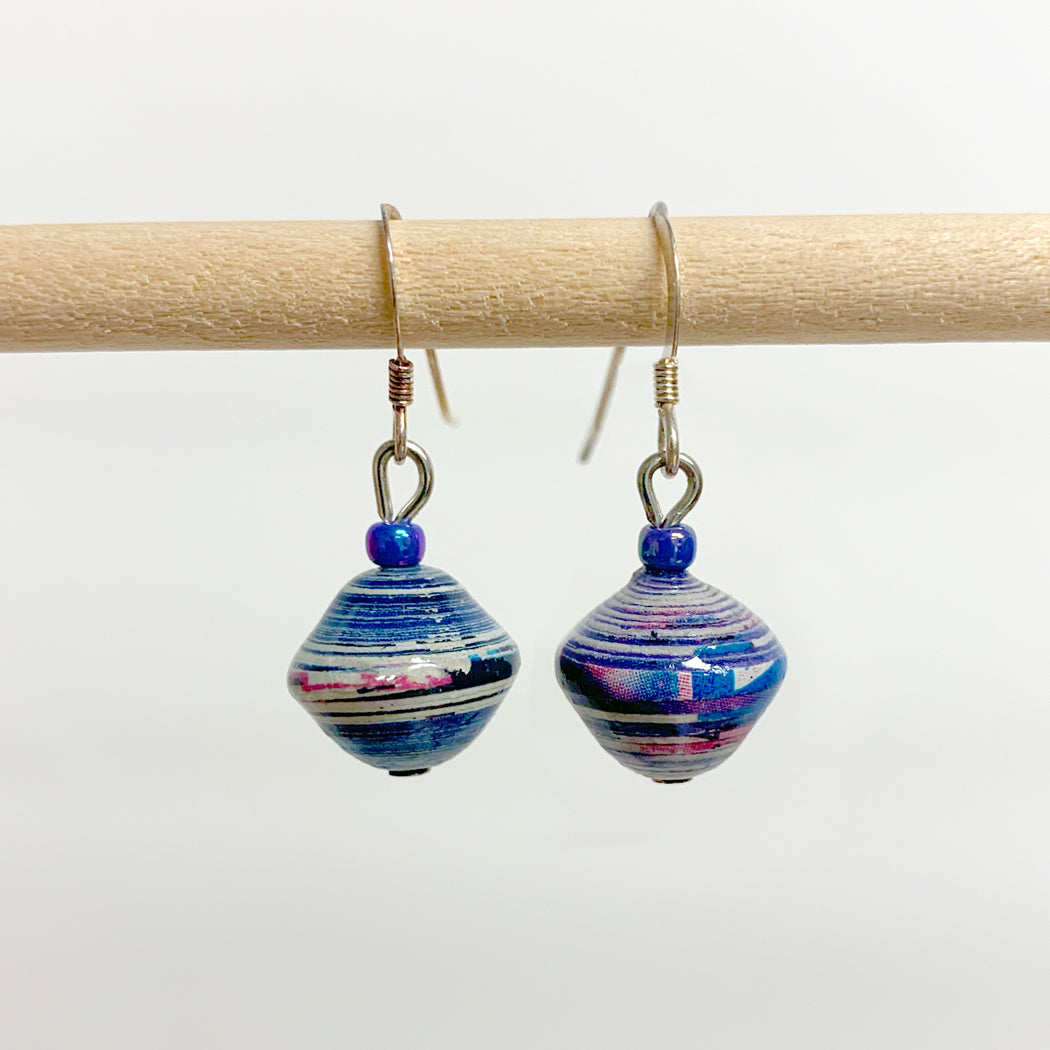 Blue Recycled Paper Drop Earrings