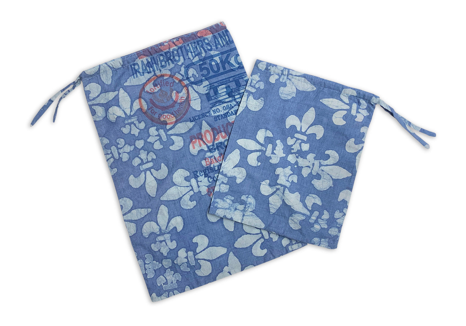 Eco Produce Bag - Large Blue Fleur-de-Lis Upcycled Flour Sack - Global Mamas (A)