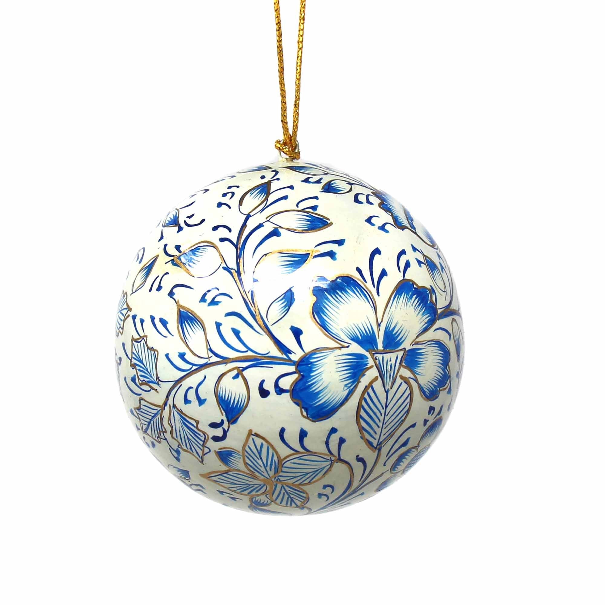 Handpainted Light Grey and Blue Floral Papier Mache Hanging Ball Ornament