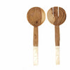Olive Wood Salad Servers with Bone Handles, White with Square Design